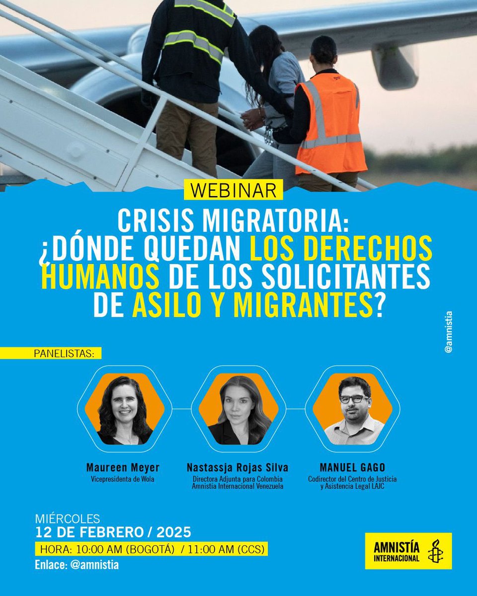 ¿Dónde quedan los derechos humanos de los solicitantes de asilo y migrantes? 🤔

Panel:
- <a href="/meyermc/">Maureen Meyer</a> de <a href="/WOLA_org/">WOLA</a>
- <a href="/NastassjaRojas/">Nastassja Rojas Silva</a> de <a href="/amnistia/">amnistia . org</a> 
- <a href="/ManuelGago/">Manuel Gago</a> de <a href="/LegalAidJustice/">Legal Aid Justice Center</a>

🗓 12 de febrero
⏰ 11 am 🇻🇪
📡 <a href="/amnistia/">amnistia . org</a>