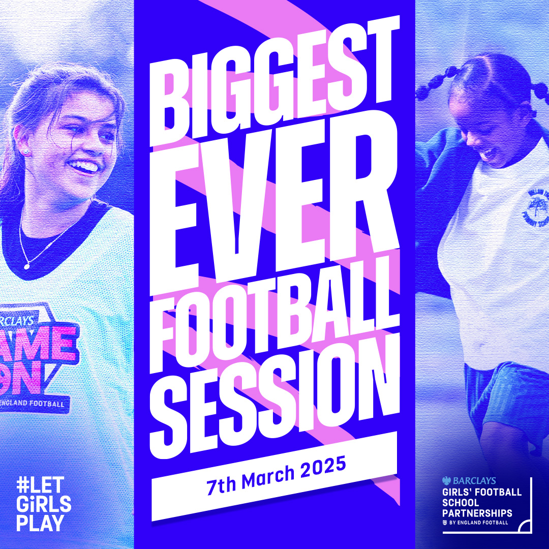 The Biggest Ever Football Session is BACK! ⚽️

On 7th March 2025, get your school involved and join us in celebrating girl’s football alongside the country.

Register now thefa.jotform.com/242462959750971

#LetGirlsPlay #WeLovePE

<a href="/YouthSportTrust/">Youth Sport Trust</a> <a href="/EnglandFootball/">England Football</a> <a href="/BarclaysFooty/">Barclays Football</a>