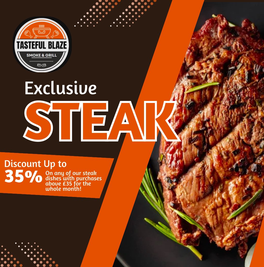 tastefulblaze's tweet photo. Come visit us this month at Tasteful Blaze and enjoy our delicious steaks at 35% off! #steak #discount #steakdeal #steakhouse https://t.co/EE4xTSYfLU