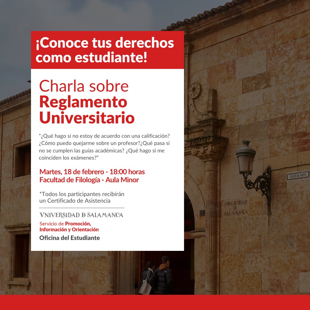 Universidad de Salamanca (@usal) on Twitter photo 📚 Conoce tus derechos como estudiante 📢
¿Sabes cómo funciona el Reglamento de Evaluación de la USAL? 🤔 ¿Qué hacer si crees que no se está aplicando correctamente? 🚨
El <a href="/SpioUsal/">Servicio Orientación</a> organiza unas charlas informativas sobre Normativa y Legislación Universitaria. Un espacio clave 📚 Conoce tus derechos como estudiante 📢
¿Sabes cómo funciona el Reglamento de Evaluación de la USAL? 🤔 ¿Qué hacer si crees que no se está aplicando correctamente? 🚨
El <a href="/SpioUsal/">Servicio Orientación</a> organiza unas charlas informativas sobre Normativa y Legislación Universitaria. Un espacio clave