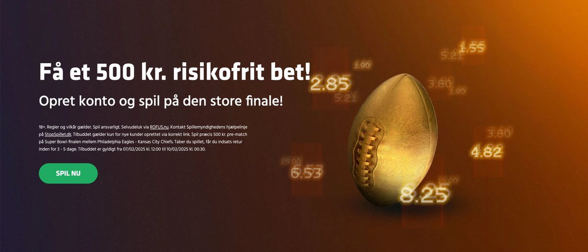 🏈 500 KR. RISIKOFRIT SUPER BOWL SPIL 🏈

Er du ikke allerede oprettet hos Expekt, så kan du som ny kunde oprette dig og spille præcis 500 kr. risikofrit på Super Bowl, på et valgfrit marked. Det kunne være første spiller til at score TD, vinder af kampen, antal rushing yards