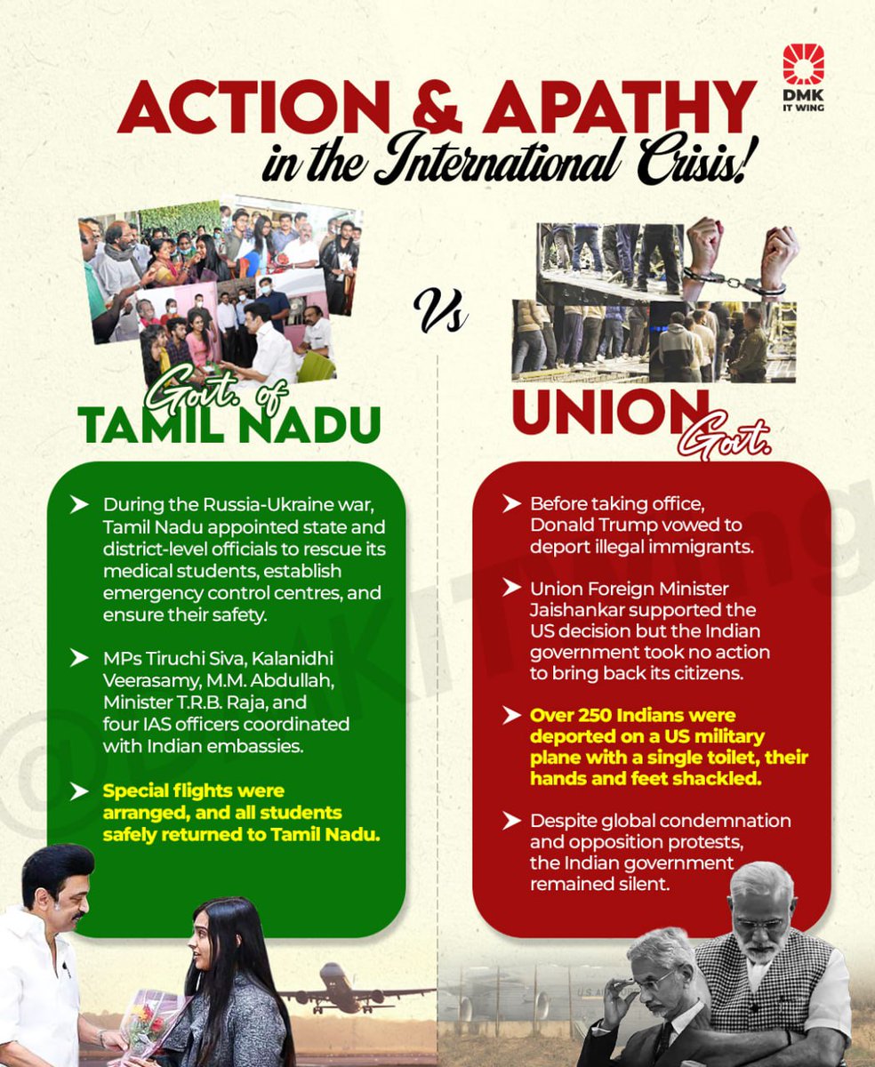 DMKITwing's tweet image. &quot;Action vs Apathy: When #crises struck, #TamilNadu stepped up while the #Union government stayed silent. From rescuing #students to ignoring deported citizens, the difference is clear.