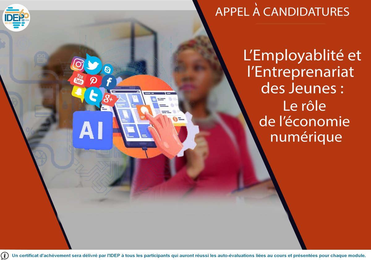 IDEP Africa (@idepofficial) on Twitter photo 📣Cours en Ligne
✅L'EMPLOYABILITE ET L'ENTREPRENARIAT DES JEUNES : LE ROLE DE L'ECONOMIE NUMERIQUE
📆Début du cours : 24 Février
🗣️Langues : Français & Anglais
💸Prix : Gratuit
📌Inscription: bit.ly/3Q4z2a2
🔚 Date limite de dépôt : 23 Février
👉🏿 bit.ly/4gEnLYY 📣Cours en Ligne
✅L'EMPLOYABILITE ET L'ENTREPRENARIAT DES JEUNES : LE ROLE DE L'ECONOMIE NUMERIQUE
📆Début du cours : 24 Février
🗣️Langues : Français & Anglais
💸Prix : Gratuit
📌Inscription: bit.ly/3Q4z2a2
🔚 Date limite de dépôt : 23 Février
👉🏿 bit.ly/4gEnLYY