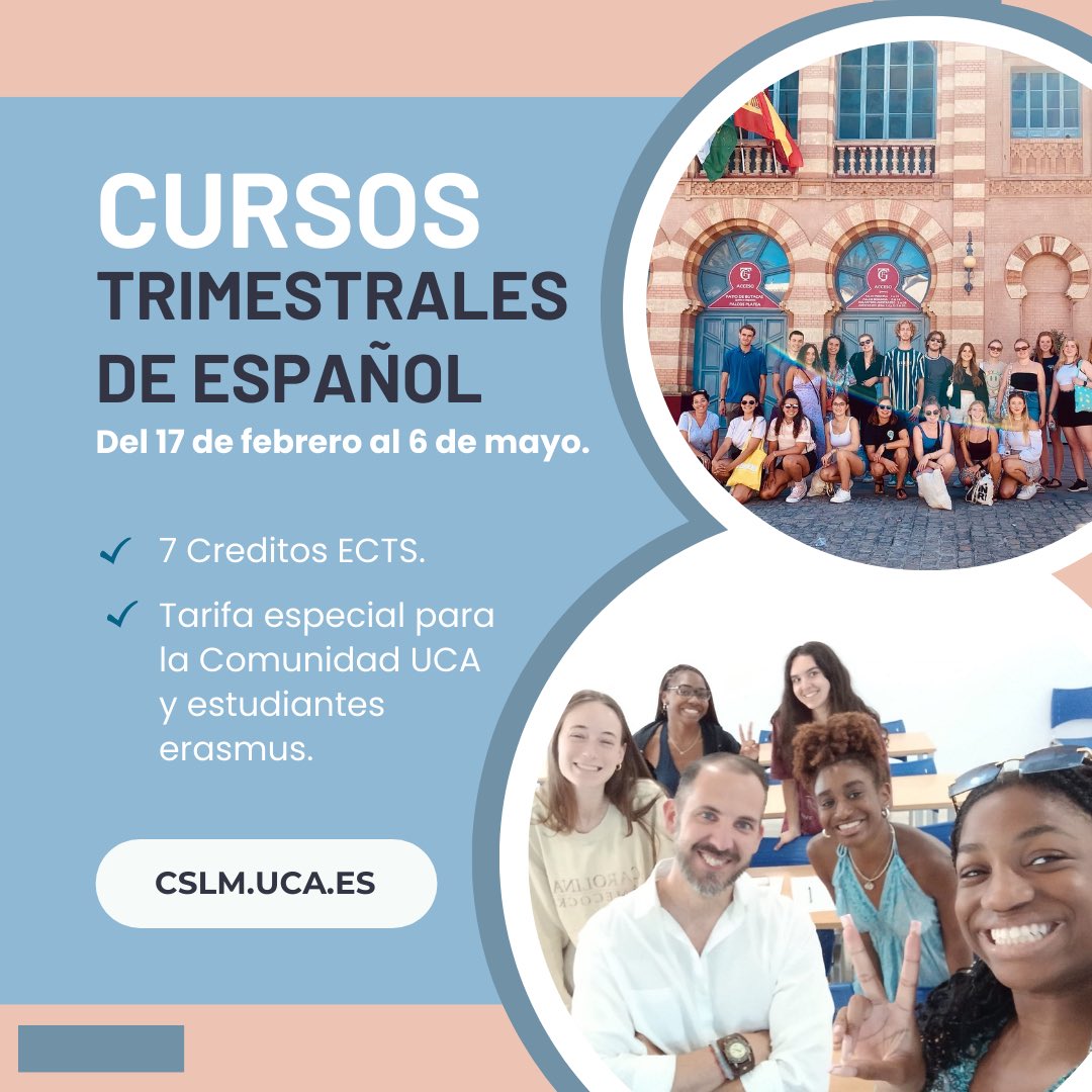 CSLM (@cslm_uca) on Twitter photo ¡Edición de primavera de 2025🌻! ¿te lo vas a perder?
🟢 Programa Trimestral de Español como Lengua Extranjera.
👉 Del 17 de febrero al 6 de mayo.
⭐️ Tarifas especiales para Comunidad UCA y estudiantes Erasmus.
😃 7ECTS.
ℹ️ cslm.fueca.org/idioma/espanol…
#español
<a href="/univcadiz/">Universidad de Cádiz</a> ¡Edición de primavera de 2025🌻! ¿te lo vas a perder?
🟢 Programa Trimestral de Español como Lengua Extranjera.
👉 Del 17 de febrero al 6 de mayo.
⭐️ Tarifas especiales para Comunidad UCA y estudiantes Erasmus.
😃 7ECTS.
ℹ️ cslm.fueca.org/idioma/espanol…
#español
<a href="/univcadiz/">Universidad de Cádiz</a>