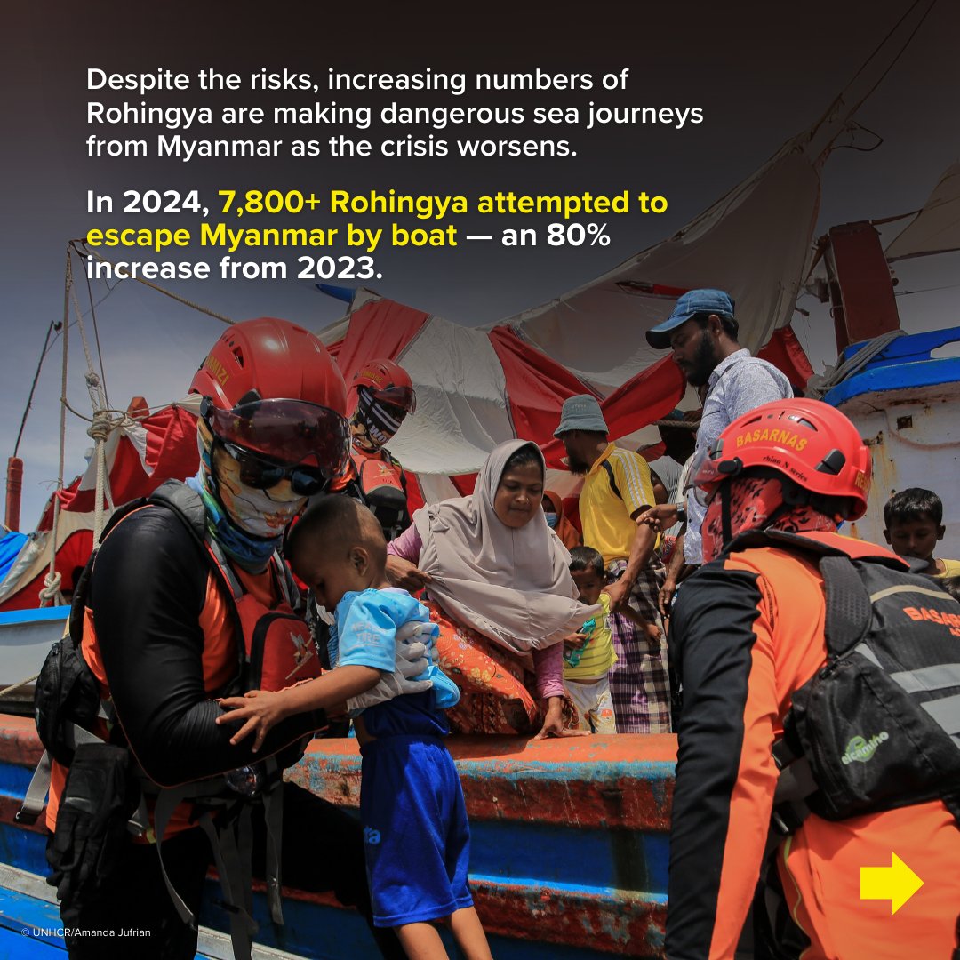 Refugees's tweet photo. 🚨 Rohingya refugees are risking their lives at sea to escape violence in Myanmar.

With no safety or aid, many have no choice but to flee. But the journey is deadly.

The world must act now to save lives. Swipe to learn more.