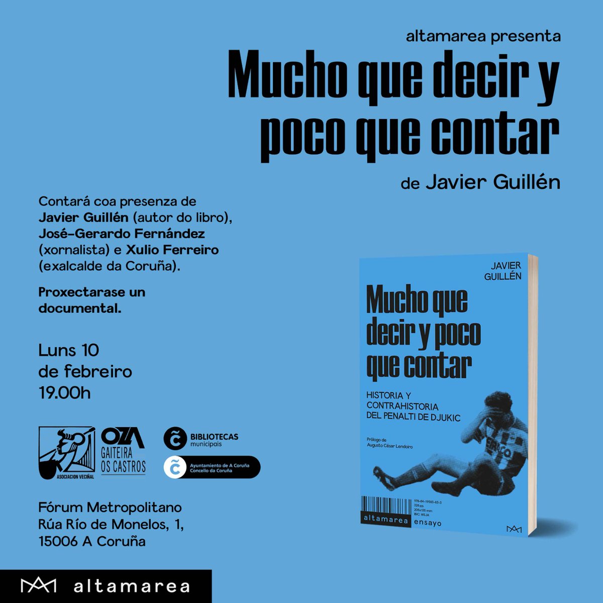 El lunes 10 tenemos nueva presentación de 'Mucho que decir y poco que contar' en A Coruña.

🗣️Con <a href="/XulioFerreiro/">Xulio Ferreiro</a> y José-Gerardo Fernández.
🎬Incluye breve documental.
📍Forum Metropolitano.
🕖19:00.

¡Os esperamos!