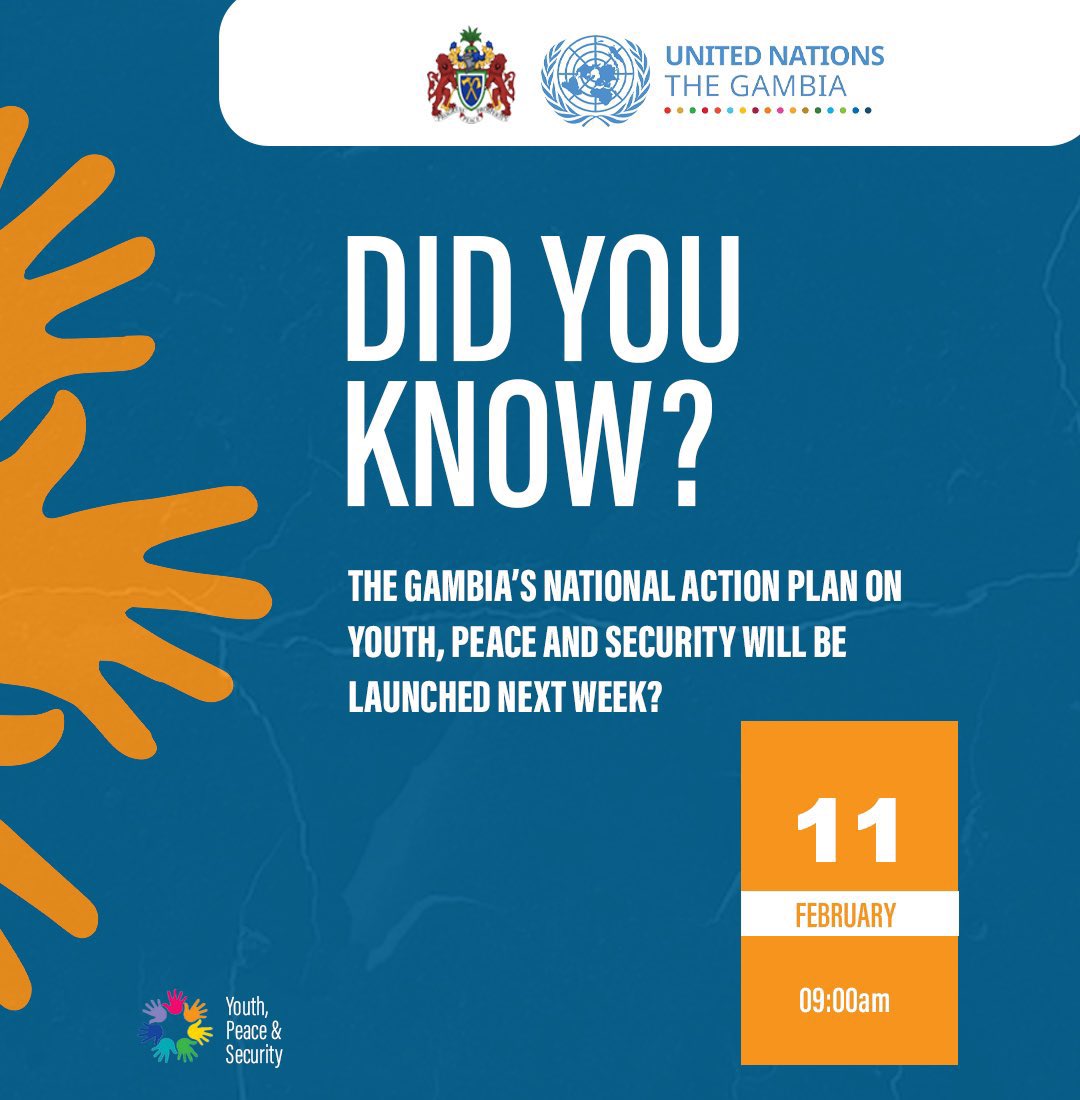 #DYK The #Gambia’s National Action Plan on Youth, Peace &amp; Security will be launched next week?

<a href="/UNDP/">UN Development</a> proudly stands with gov’t, civil society &amp; youth to celebrate this milestone! 

🤝🏾 we’re empowering young Gambians for a more inclusive &amp; peaceful 🌏

#GambiaYPS 
#Youth4Peace