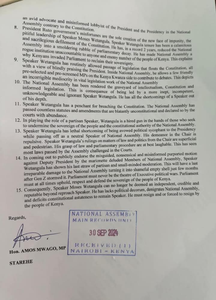 Following my letter that I presented to the National Assembly dated 30th September 2024 I was clear that Hon <a href="/HonWetangula/">Rt.Hon.Dr.Moses Wetang'ula</a>  violated the constitution of the republic of Kenya and therefore he should resign. 

Now that the high court has ruled that he can not lead the Ford kenya