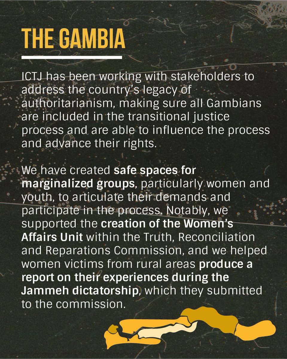 #ReparationsBuildJustice | ICTJ works side by side with victims to help them articulate their needs and identify the most meaningful forms of reparations for them. 🔎 What is our approach? Swipe to discover a concrete application of our work in #Colombia and #TheGambia!