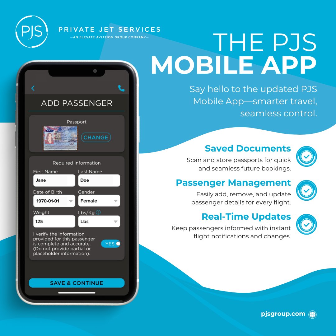 Fly_PJS's tweet image. PJS App Update 1.2 is here! ✈️ 

Manage your flights with ease:

✔️ Add &amp;amp; edit passengers
✔️ Scan &amp;amp; store passports
✔️ Invite guests for real-time updates

Smarter, faster, seamless travel—now on iOS &amp;amp; Android.

#PrivateAviation #AviationTech #FlyPJS #LuxuryTravel #AviationNews