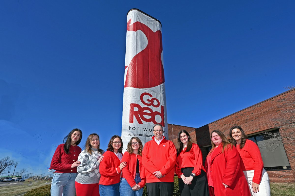 HeartKentucky's tweet photo. National Wear Red Day has finally arrived! To celebrate, our Kentuckiana staff posed for our annual Wear Red Day photo at @priceweber to show off the largest red dress in Kentucky! Now it's your turn... show us YOUR Wear Red Day photos! ❤️ #WearRedDay #GoRedKY #GoRedSoIN https://t.co/HwRj9Bpe02