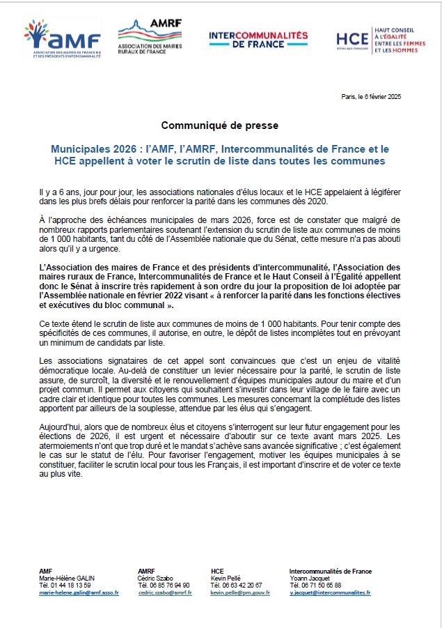 Le <a href="/HCEfh/">Haut Conseil à l'Egalité</a> appelle le <a href="/Senat/">Sénat</a>, aux côtés de l'<a href="/l_amf/">AMF | Association des maires de France</a>, de <a href="/Maires_Ruraux/">AMRF</a> &amp; d'<a href="/IntercoDeFrance/">Intercommunalités de France</a>, à inscrire rapidement la proposition de loi visant « à renforcer la parité dans les fonctions électives et exécutives du bloc communal ».

La #parité dans les communes doit être renforcée.