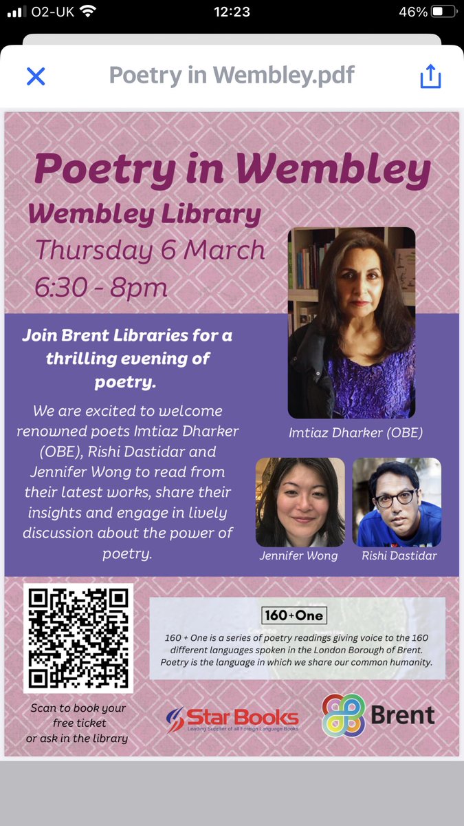 Caroline Smith (@csmithpoet) on Twitter photo So excited to invite you to our next ‘Poetry in Wembley’ event on World Book Day! We are thrilled to have three fantastic poets joining us: <a href="/Idharker/">Imtiaz Dharker</a> <a href="/jennywcreative/">Jennifer Wong</a> & <a href="/BetaRish/">Rishi Dastidar 🔱🌊</a>.
<a href="/BloodaxeBooks/">Bloodaxe Books</a> <a href="/NineArchesPress/">Nine Arches Press</a> <a href="/PoetrySociety/">The Poetry Society</a> <a href="/BrentLibraries/">Brent Libraries</a> So excited to invite you to our next ‘Poetry in Wembley’ event on World Book Day! We are thrilled to have three fantastic poets joining us: <a href="/Idharker/">Imtiaz Dharker</a> <a href="/jennywcreative/">Jennifer Wong</a> & <a href="/BetaRish/">Rishi Dastidar 🔱🌊</a>.
<a href="/BloodaxeBooks/">Bloodaxe Books</a> <a href="/NineArchesPress/">Nine Arches Press</a> <a href="/PoetrySociety/">The Poetry Society</a> <a href="/BrentLibraries/">Brent Libraries</a>