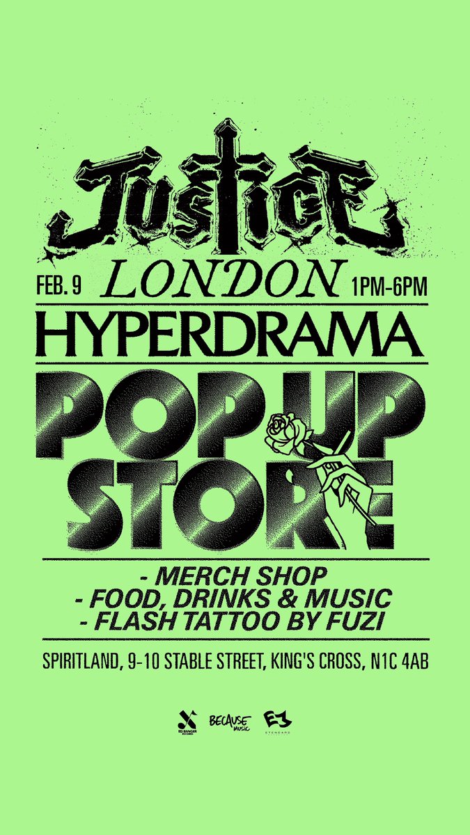 Justice pop up in London this Sunday, ahead of 2 nights at the legendary @yourallypally ✨🥳

With merch shop, music, food, drinks and flash tattoos by @fuzitatoo 💙

Time : 1pm - 6pm, first come, first served

Location 📍: Spiritland, 9-10 Stable St, Kings Cross N1C 4AB