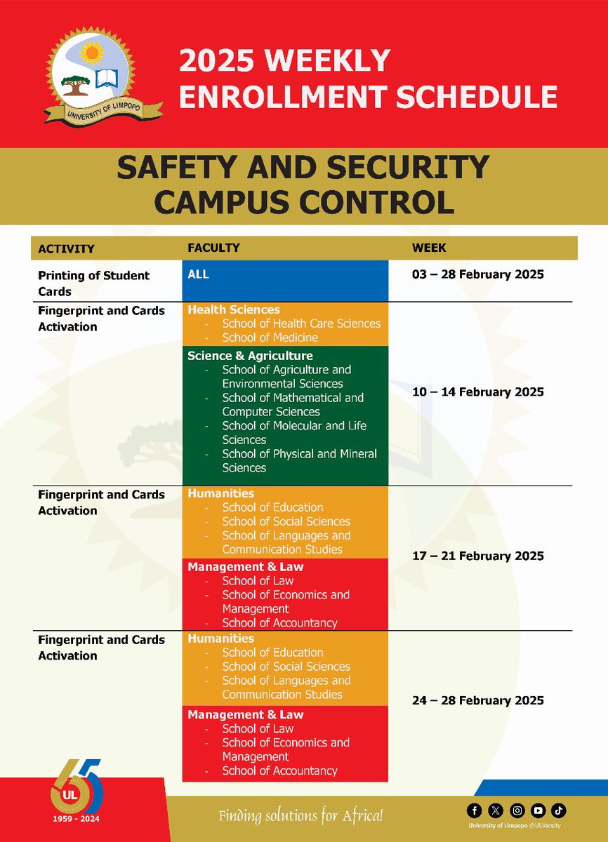 ULvarsity's tweet image. 𝟐𝟎𝟐𝟓 𝐖𝐄𝐄𝐊𝐋𝐘 𝐄𝐍𝐑𝐎𝐋𝐌𝐄𝐍𝐓 𝐒𝐂𝐇𝐄𝐃𝐔𝐋𝐄 
𝐒𝐀𝐅𝐄𝐋𝐘 𝐀𝐍𝐃 𝐒𝐄𝐂𝐔𝐑𝐈𝐓𝐘 𝐂𝐀𝐌𝐏𝐔𝐒 𝐂𝐎𝐍𝐓𝐑𝐎𝐋

Make it a priority to check the Safety and Security Campus Control schedule for student card activation and card printing.  #ChooseUL #Orientation2025