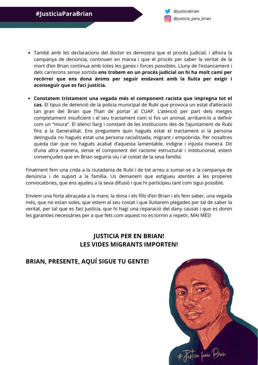 JusticiaBrian's tweet photo. #COMUNICAT | Dimecres va declarar el metge del @CAPMutuaRubi que va atendre al Brian abans de morir sota custòdia policial de @mossos. Aquesta declaració ens acosta més cap a la veritat del que va passar aquella nit i ens anima a seguir lluitant per aconseguir #JusticiaParaBrian! https://t.co/nTed1MK6to