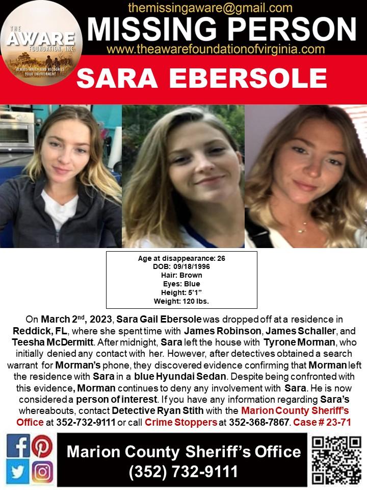 ***MISSING ENDANGERED*** REDDICK, FL
On March 2nd, 2023, Sara Gail Ebersole was dropped off at a residence in Reddick, FL, where she spent time with James Robinson, James Schaller, and Teesha McDermitt. After midnight, Sara left the house with Tyrone Morman, who initially denied