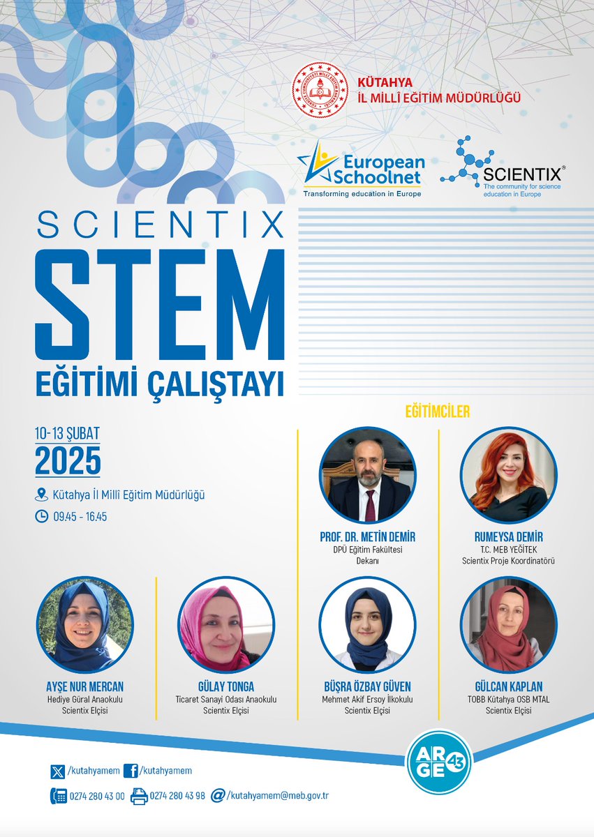 Kütahya ARGE (@argekutahya) on Twitter photo 🚀 SCIENTIX STEM Çalıştayı başlıyor! 🔬
10-13 Şubat 2025’te Kütahya İl MEM ev sahipliğinde, öğretmenler STEM alanında bilgi ve uygulamaları inceleyip STEM projeleri üretecek. ✨
<a href="/Yusuf__Tekin/">Yusuf Tekin</a> <a href="/meb_sgb/">MEB Strateji Geliştirme Başkanlığı</a> <a href="/mebyegitek/">Yenilik ve Eğitim Teknolojileri Genel Müdürlüğü</a> <a href="/Musaisin/">Musa Işın</a> <a href="/myilmaz2023/">MUSTAFA YILMAZ 🟢</a> <a href="/mgtopuz43/">Mustafa Topuz</a> <a href="/ScientixTurkiye/">Scientix Türkiye</a> <a href="/eu_schoolnet/">European Schoolnet</a> 🚀 SCIENTIX STEM Çalıştayı başlıyor! 🔬
10-13 Şubat 2025’te Kütahya İl MEM ev sahipliğinde, öğretmenler STEM alanında bilgi ve uygulamaları inceleyip STEM projeleri üretecek. ✨
<a href="/Yusuf__Tekin/">Yusuf Tekin</a> <a href="/meb_sgb/">MEB Strateji Geliştirme Başkanlığı</a> <a href="/mebyegitek/">Yenilik ve Eğitim Teknolojileri Genel Müdürlüğü</a> <a href="/Musaisin/">Musa Işın</a> <a href="/myilmaz2023/">MUSTAFA YILMAZ 🟢</a> <a href="/mgtopuz43/">Mustafa Topuz</a> <a href="/ScientixTurkiye/">Scientix Türkiye</a> <a href="/eu_schoolnet/">European Schoolnet</a>