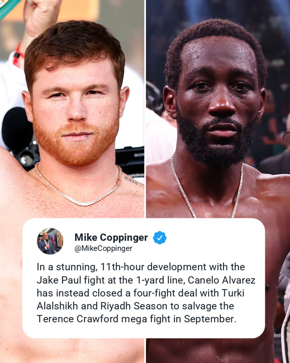 Canelo Alvarez has closed a four-fight deal with Turki Alalshikh and Riyadh Season to salvage the Terence Crawford mega fight in September.

The initial Jake Paul bout in May will not be a part of the four-fight deal.

More: spr.ly/6019IGSwR