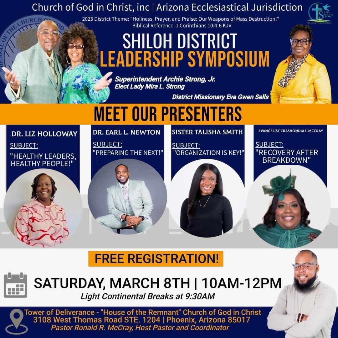 ShilohCOGICAZ's tweet photo. We are excited to have our 2025 Leadership Training Symposium for Shiloh District AZ!
Registration Link: https://t.co/cvQL1KyQni
#ShilohStrong #COGIC #WeAreShiloh #COGICMktgTeam #GWRC #TeamCOGIC #LeadershipTraining #TODC #PDC #GNBC #WeAreCovered https://t.co/w9piSzR1qM