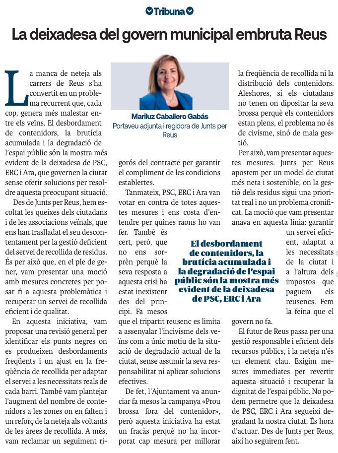 🗞️ “La deixadesa del govern municipal embruta Reus”
🖋️Avui article de la portaveu adjunta <a href="/mcaballeroga/">Mariluz Caballero</a> al <a href="/diarimes/">Diari Més</a>