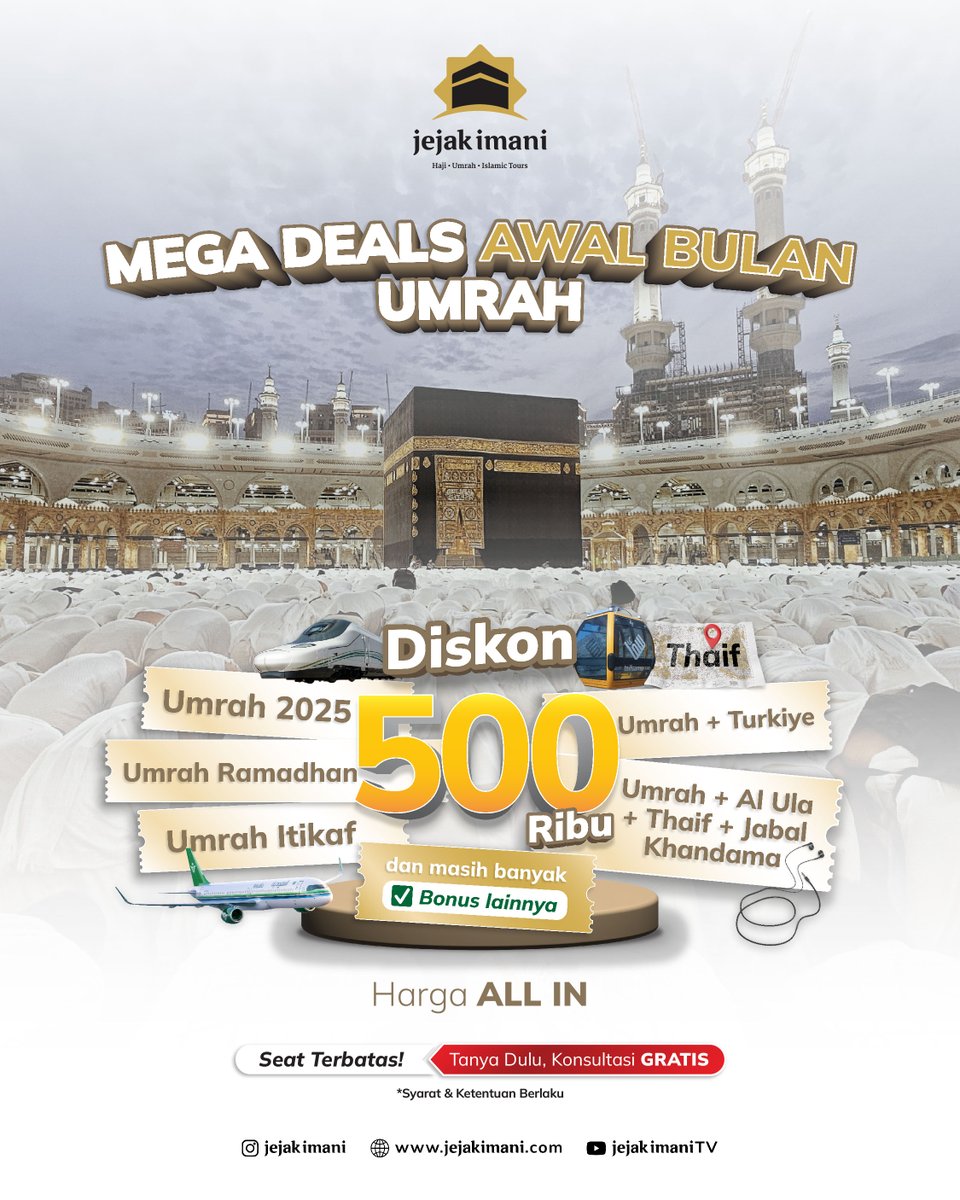 jejakimani's tweet photo. Sambut Awal Bulan dengan Promo MEGA DEALS 🤩
Diskon 500 Ribu dan Cashback 1 Juta✨
Cek detail dan Amankan seatnya!
☎ Tanya dulu, konsultasi gratis
#promoumroh2025 #promoawalbulan #umroh2025 #umroh #umrohramadhan #umrohitikaf #umrahplus #umrahlebihnyamanbersamajejakimani https://t.co/H51AyaSWzc