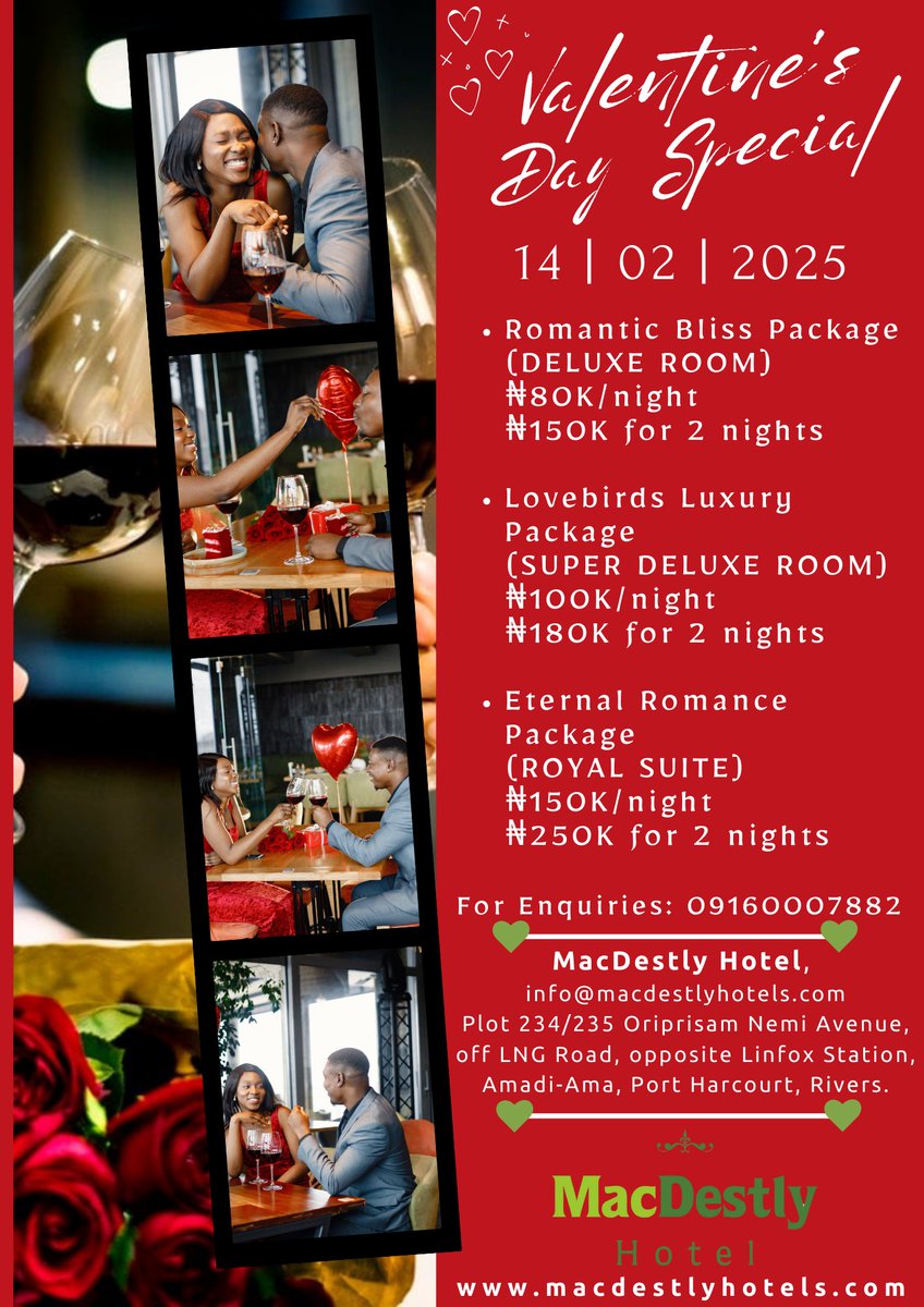 macdestlyhotel's tweet photo. VALENTINE'S DAY PACKAGE

Celebrate love @MacDestlyHotel

Treat your special someone to a romantic getaway!

Our Valentine's Package includes:

Room decor with rose petals
Mocktail or cocktail on arrival
Free 3-course meal daily

#MacDestlyHotel #ValentinesDay #RomanticGetaway https://t.co/5IWQak82iA