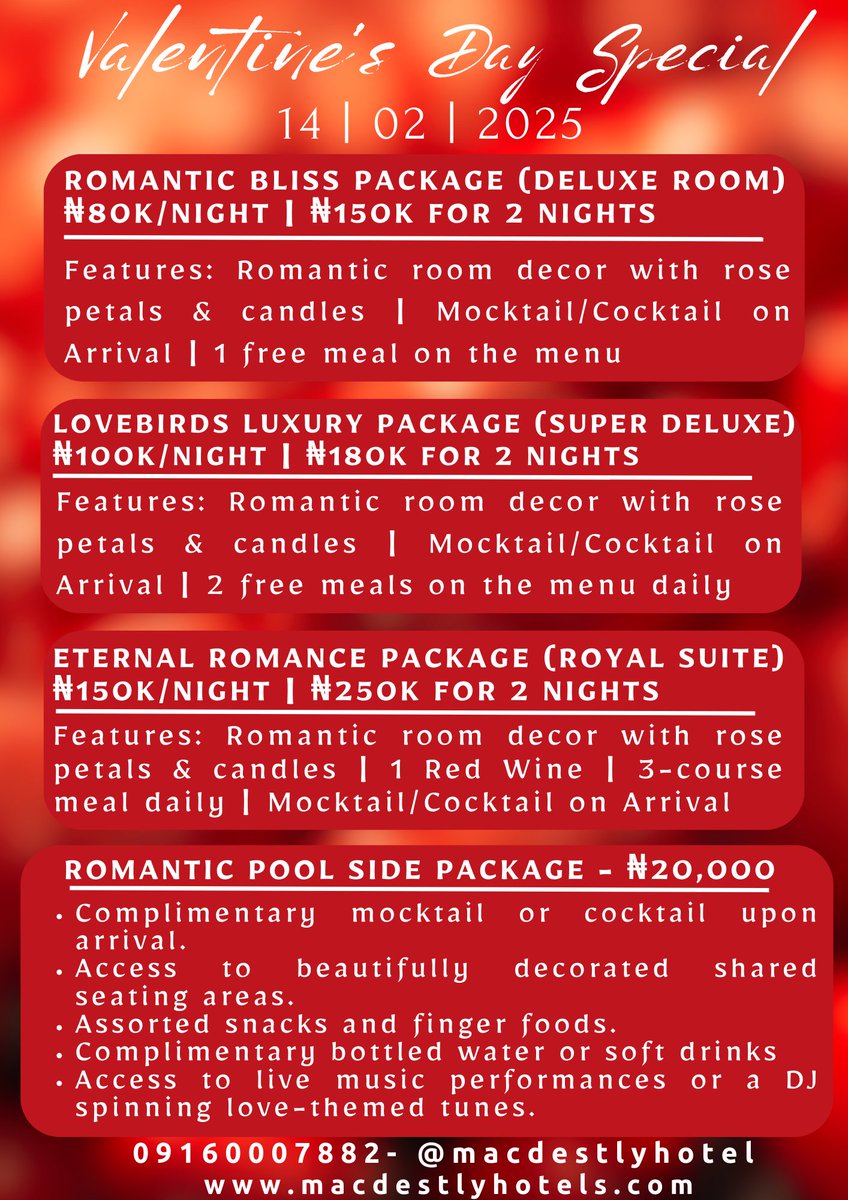 macdestlyhotel's tweet photo. VALENTINE'S DAY PACKAGE

Celebrate love @MacDestlyHotel

Treat your special someone to a romantic getaway!

Our Valentine's Package includes:

Room decor with rose petals
Mocktail or cocktail on arrival
Free 3-course meal daily

#MacDestlyHotel #ValentinesDay #RomanticGetaway https://t.co/5IWQak82iA