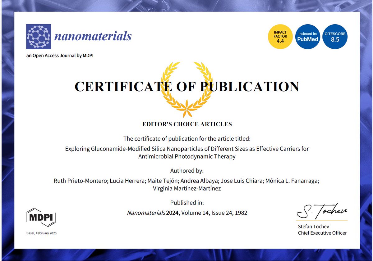 Lumimats (@lumimats) on Twitter photo Glad to announce that our paper "Exploring Gluconamide-Modified Silica Nanoparticles of Different Sizes as Effective Carriers for Antimicrobial Photodynamic Therapy"
doi.org/10.3390/nano14…
has been selected as "Editor’s Choice" article in nanomaterials <a href="/Nano_MDPI/">Nanomaterials MDPI</a> Glad to announce that our paper "Exploring Gluconamide-Modified Silica Nanoparticles of Different Sizes as Effective Carriers for Antimicrobial Photodynamic Therapy"
doi.org/10.3390/nano14…
has been selected as "Editor’s Choice" article in nanomaterials <a href="/Nano_MDPI/">Nanomaterials MDPI</a>