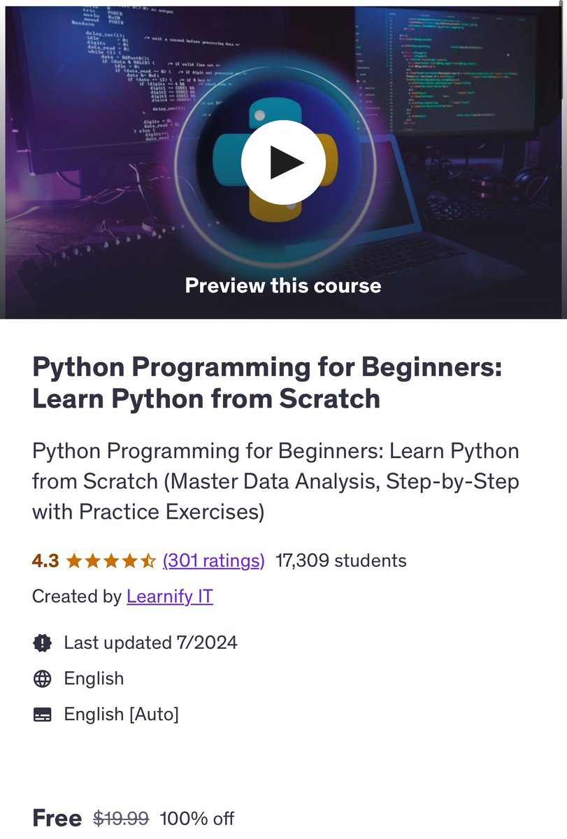 strangemahesh's tweet image. If you want to learn Python, here is a paid Udemy course for 100%o off. 
Found it, and thought I should share it for others as well. 

Get it while it’s available.
Good luck. 

udemy.com/course/python-…