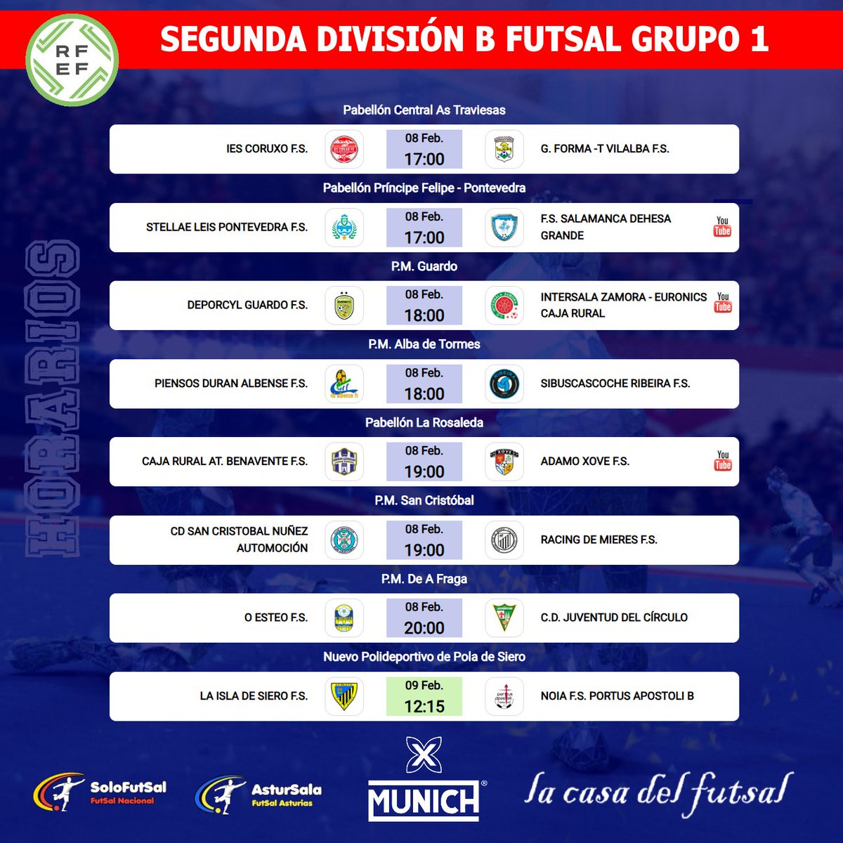 Solo-FutSal (@solofutsal_) on Twitter photo 🟥2⃣ª🅱️ DIVISIÓN FUTSAL - GRUPO 1⃣
📆 20ª JORNADA / ⏰HORARIOS
✍️ Consulta los horarios de la jornada
📎 solo-futsal.es/segunda-divisi…
🔀 Visita los perfiles de los equipos de la categoría
<a href="/AtlBenavente/">Club Atlético Benavente F.S.</a> <a href="/LeisPontevedra/">Stellae Leis Pontevedra FS</a> <a href="/AlbenseFs/">Piensos Durán Albense FS</a> <a href="/OEsteoFS/">O Esteo F.S.</a> <a href="/ies_fs/">Ganomagoga IES Coruxo FS</a> <a href="/guardofs/">Deporcyl Guardo F.S.</a> <a href="/vilalba_fs/">Grupo Forma-t Vilalba FS</a> 🟥2⃣ª🅱️ DIVISIÓN FUTSAL - GRUPO 1⃣
📆 20ª JORNADA / ⏰HORARIOS
✍️ Consulta los horarios de la jornada
📎 solo-futsal.es/segunda-divisi…
🔀 Visita los perfiles de los equipos de la categoría
<a href="/AtlBenavente/">Club Atlético Benavente F.S.</a> <a href="/LeisPontevedra/">Stellae Leis Pontevedra FS</a> <a href="/AlbenseFs/">Piensos Durán Albense FS</a> <a href="/OEsteoFS/">O Esteo F.S.</a> <a href="/ies_fs/">Ganomagoga IES Coruxo FS</a> <a href="/guardofs/">Deporcyl Guardo F.S.</a> <a href="/vilalba_fs/">Grupo Forma-t Vilalba FS</a>