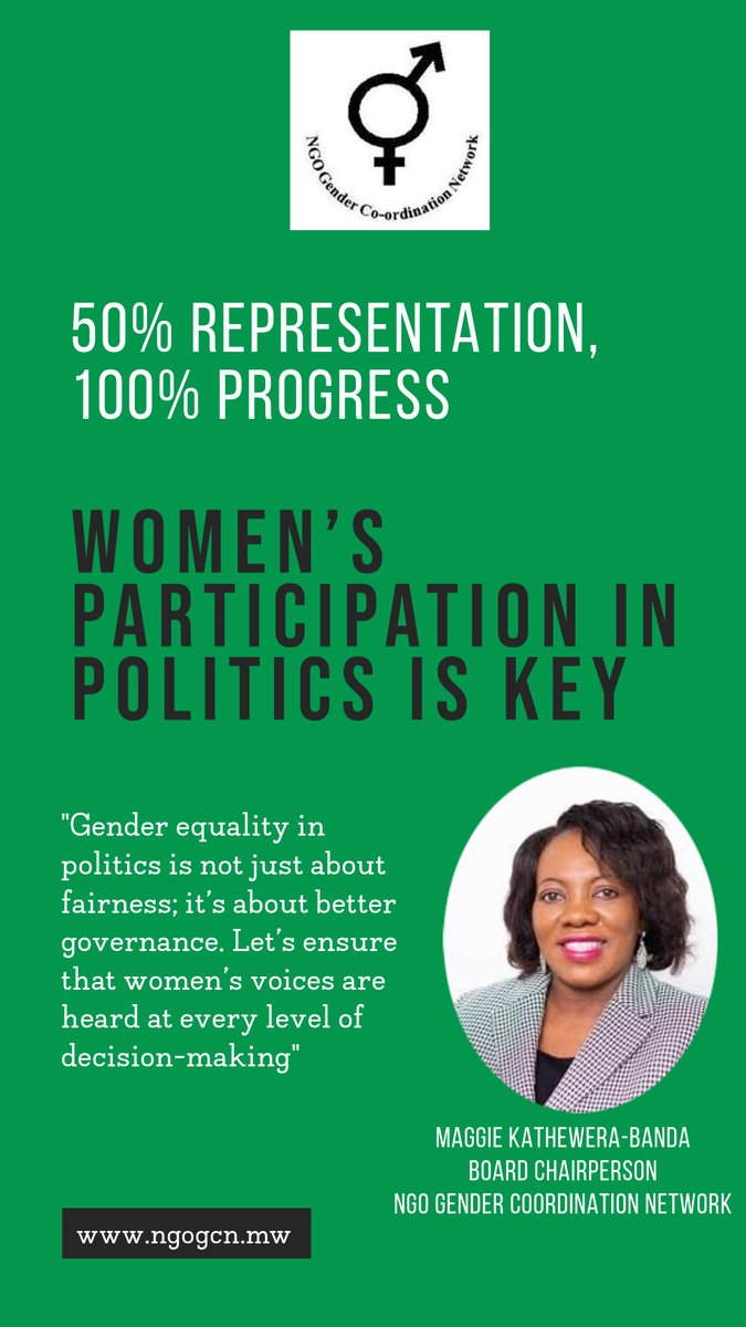 🌍 50% Representation, 100% Progress! 🌍 Women’s voices in politics are essential for stronger communities &amp; better policies! Let’s ensure women are fully represented in decision-making for a brighter future in Malawi. 🙌💪 #WomenInPolitics #GenderEquality #UNWomen #NGOGCN