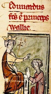 #OnThisDay in 1301 Edward of Caernarfon is made Prince of Wales by his father Edward I, as depicted in this early 14th century illustration. (Image: British Library MS Cotton Nero D II fol.191v).