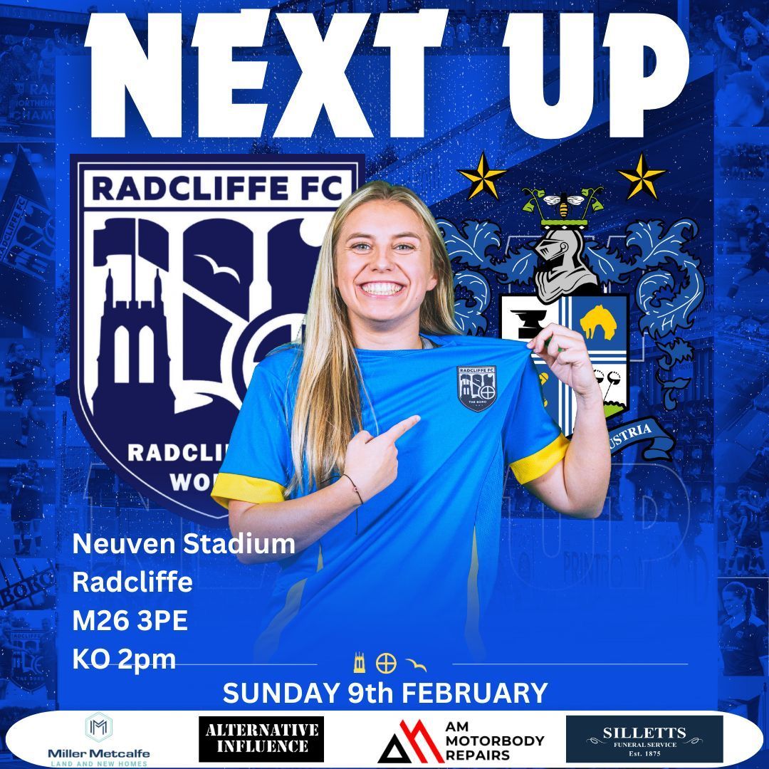Radcliffe_Women's tweet photo. This Sunday 9th February we play Bury FC Women in the League Cup.
KO is 2pm at The Neuven Stadium.
@radcliffeboro
@radcliffefcfdtn
@buryfc_women
#WeAreRadcliffe #UTB #derbyday #ExcitingGame
#Football #Sports #Competition #community #womenfootball #footballinthecommunity https://t.co/aXlivUBOfn