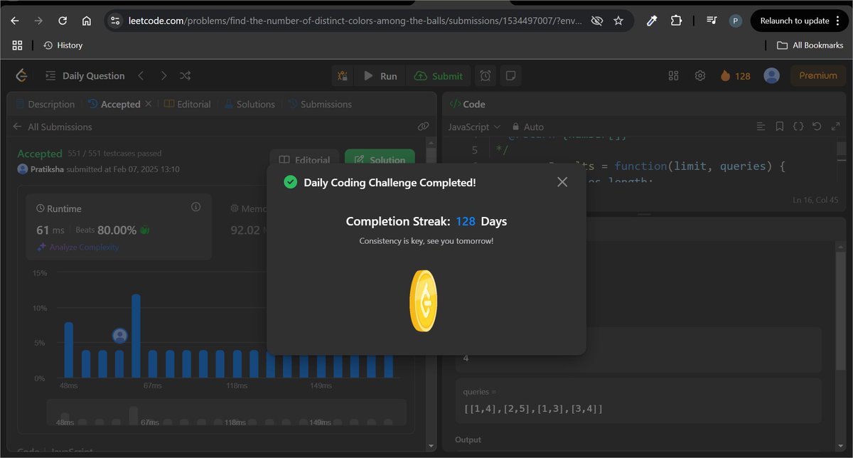 Pratikshak19332's tweet image. ๐ Day 128 on @LeetCode! Optimized my Query Results solution by replacing an array with maps, reducing space complexity & improving efficiency.
Big shoutout to @CSwithMIK for his amazing explanations on ๐ฏ๐ฅ
#CodingJourney #CodeStoryWithMIK