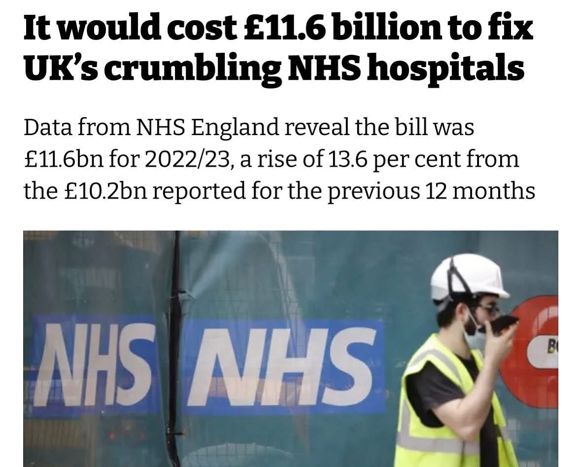 JamesMelville's tweet photo. The UK government has pledged almost £11.6 billion for overseas climate aid. This sum of money would fix our crumbling NHS hospitals. https://t.co/YYye3Ozv00