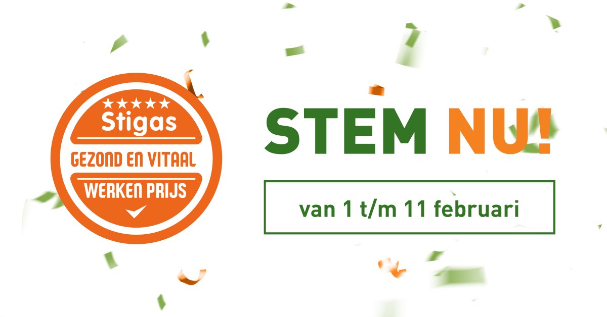 Je kunt nog 5 dagen stemmen via bit.ly/3KImwLE voor de Stigas Gezond en Vitaal Werken Publieksprijzen 🏆. 
Om de spanning er een beetje in te houden – er kan op het eind nog heel veel gebeuren! – is het aantal stemmen de laatste 2 dagen niet meer zichtbaar. #Stigasprijs