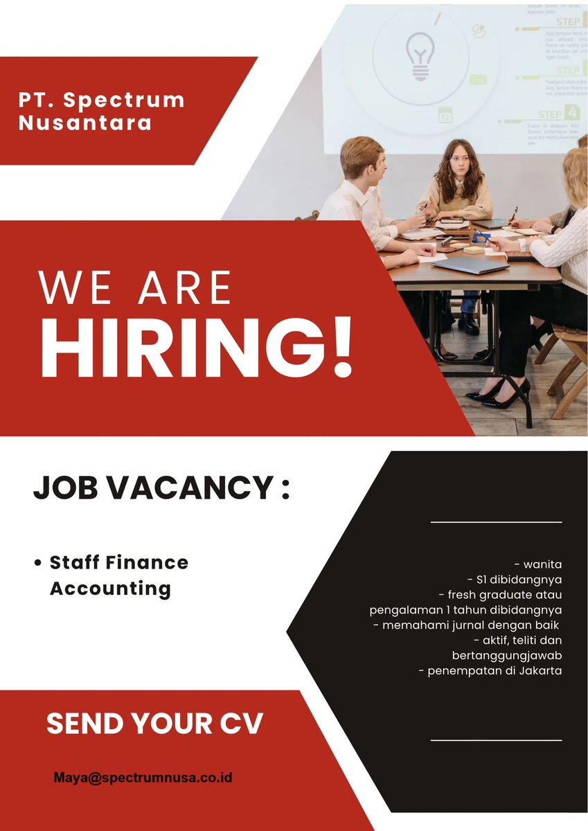 PT Spectrum Nusantara, membuka lowongan Staff Finance accouting tax

Kriteria :
- Wanita
- S1 dibidangnya
- Fresh gradute/pengalaman 1 tahun dibidangnya
- memahami jurnal dengan baik
- Aktif, teliti , &amp; bertanggung jawab 
- Penempatan Jakarta 
Kirim CV ke maya@spectrumnusa.co.id