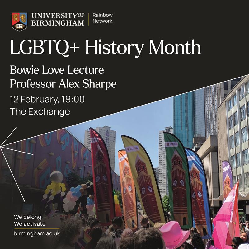 Join us next week for our #lgbtq history month event at the Exchange! Learn about #love through the context of #DavidBowie's work with an exciting lecture by Prof Alex Sharpe! Sign up: birmingham.ac.uk/events/lgbt-hi…