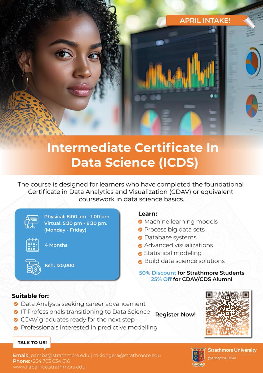 iLabAfrica's tweet image. Ready to advance your Data Science Skills?

@iLabAfrica is offering an Intermediate Certificate in Data Science for Data Enthusiasts who wish to further their #datascience knowledge.  

Register for the April Intake👉ilabafrica.strathmore.edu/intermediate-c…

#datanalytics #machinelearning #python