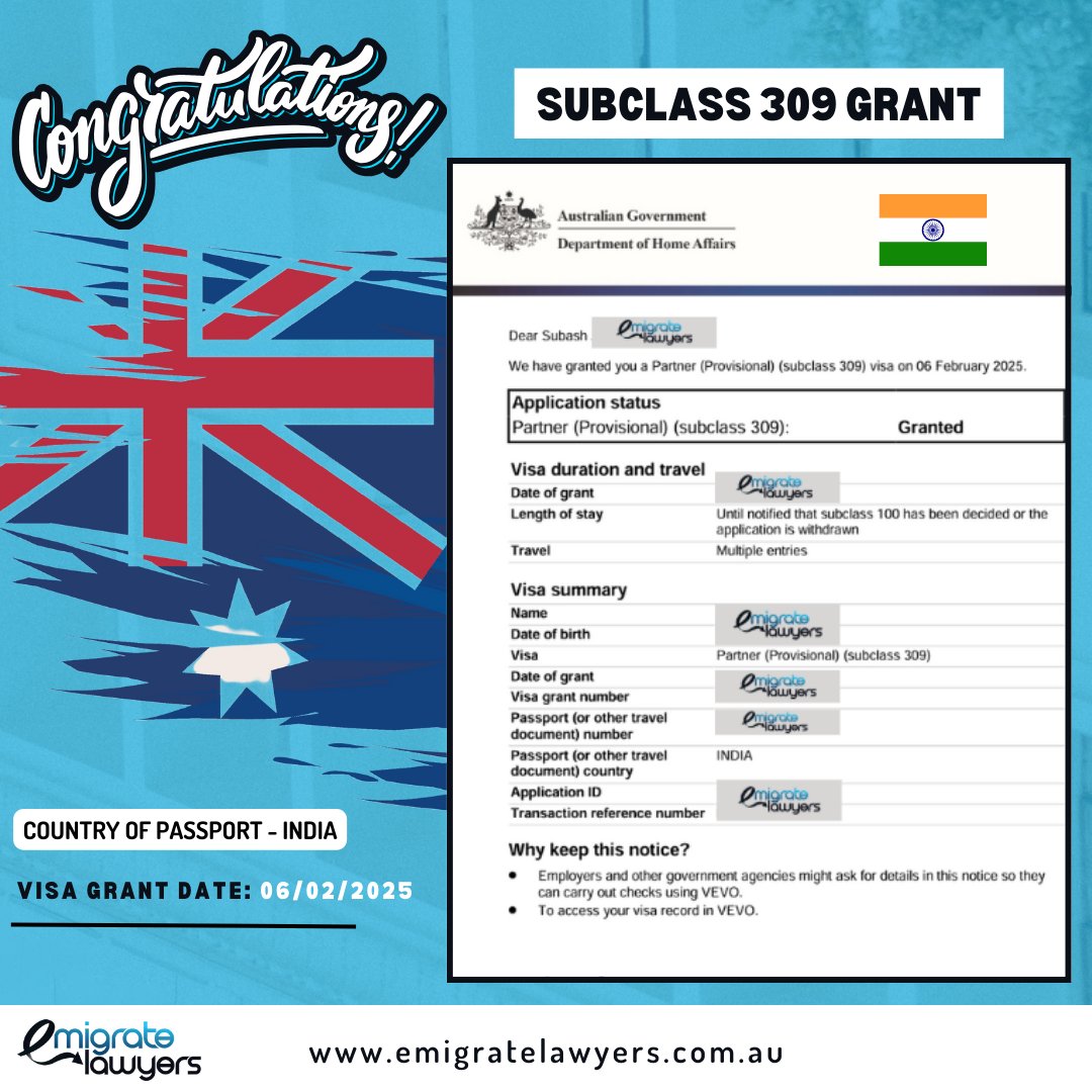 emigratelawyers's tweet image. Congratulations to our client from India on successfully securing their Subclass 309 Partner Visa! 

 #Subclass309 #PartnerVisa  #EmigrateLawyers #lawyers #VisaExpert #law