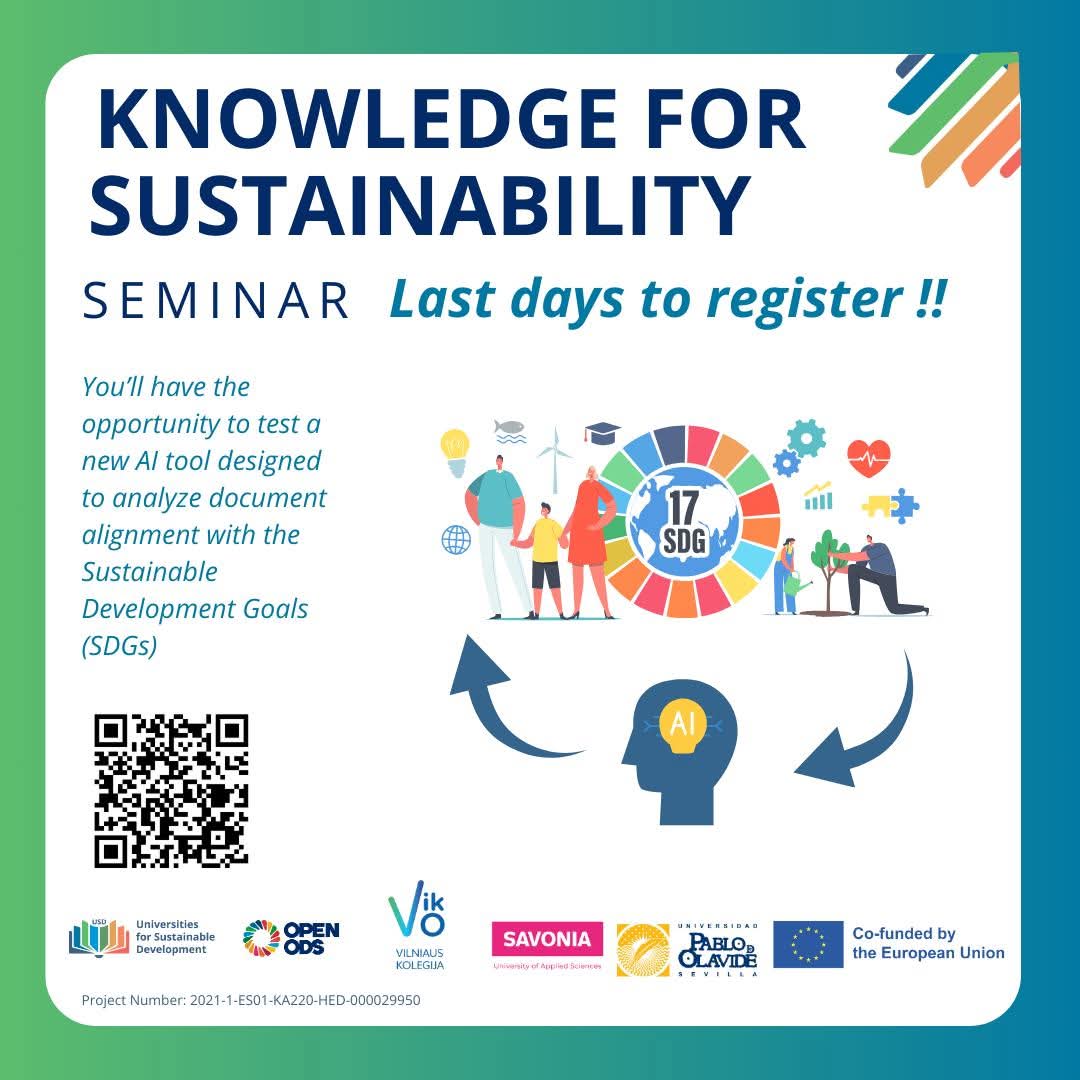usd_project's tweet photo. Last Chance to Register for "Knowledge for Sustainability"!

🗓 Feb 12-13
📍 Seville &amp; Online
🎟 Free

Join experts for hands-on workshops, networking, and an exclusive first look at an AI tool for SDG analysis.

 Register now: https://t.co/THiMBihMhE https://t.co/gSWiKnizff