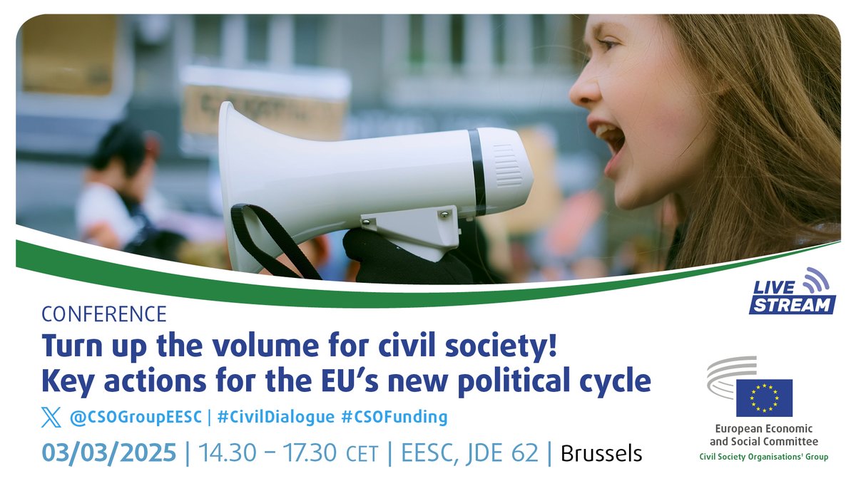 CSOGroupEESC's tweet image. ⏰ Time to turn up the volume for civil society!

Join us on 3 March. Discussions will centre on:
🔹 #CSOFunding
🔹 Reinforcing #CivilDialogue, with @CEPS_thinktank presenting intermediate results of an EESC commissioned study

Register before 27/02 noon: europa.eu/!Yw6RKW