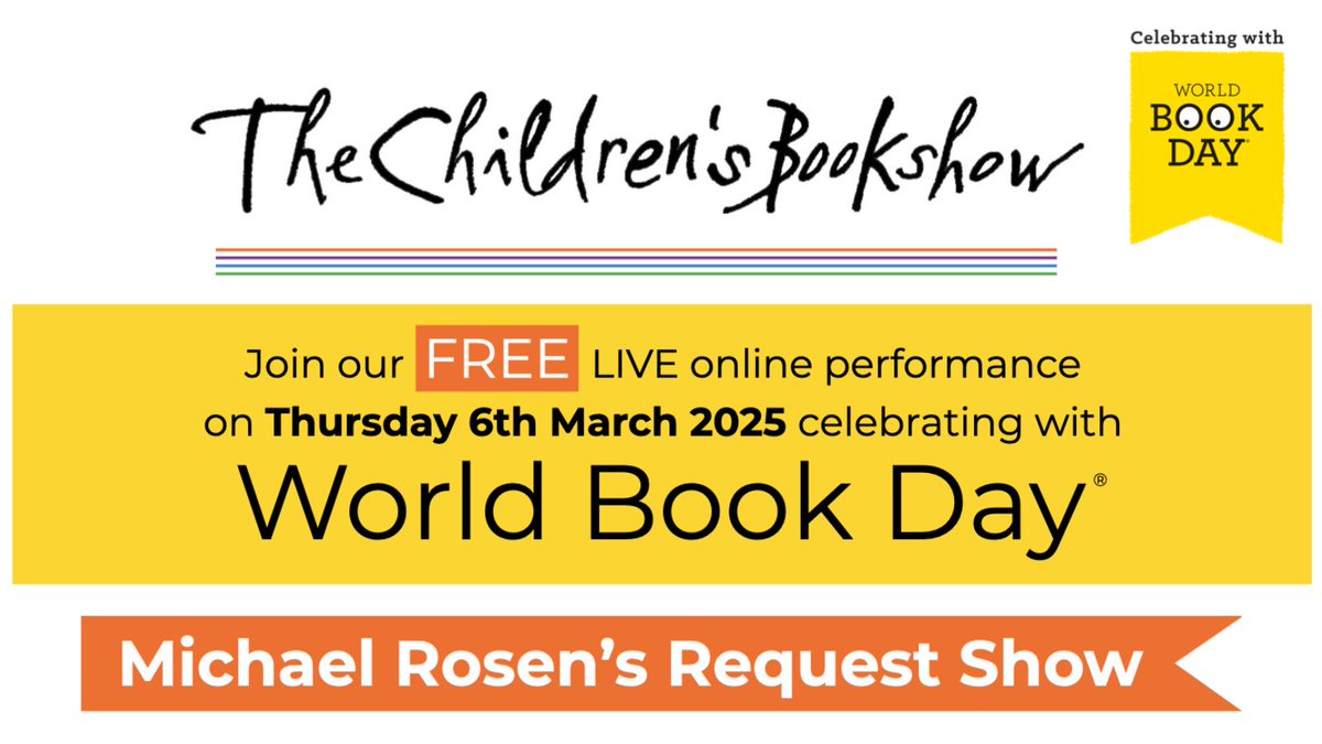ChildrensBkShow's tweet image. Are you subscribed to #TheChildrensBookshow mailing list? It's the best place to find out about all our events and resources, including 📚 @MichaelRosenYes' FREE Request Show 📚 coming up online, on Thurs 6th March! Read more and book 👉 bit.ly/414eRPJ #primary #KS2