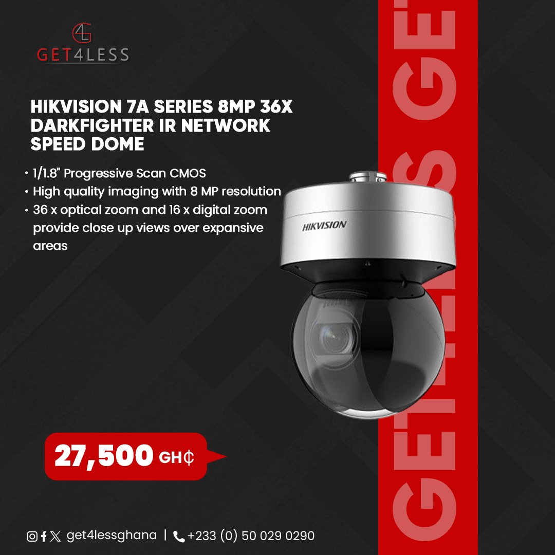 Get4lessGhana's tweet image. Unmatched clarity, precision, and night vision.The 7A Series 8MP 36X
DarkFighter IR Speed Dome delivers top-tier surveillance, day or night.
#Get4LessGhana #Hikvision #8MP #DarkFighter #Surveillance #SecurityCamera #NightVision #onlineshopping #explore #fyp