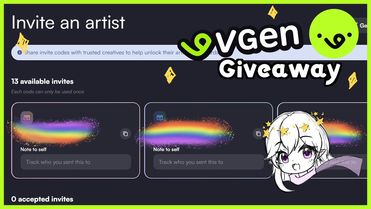 SurftheStarz's tweet photo. 🟢 VGen Invite Code Giveaway! 🟢

I have 13 codes to giveaway to Artists of ALL types that would like to start their commission services on #VGen !

Rules ❗️

- No Ai
- Follow me and RT
- Reply with some examples/your portfolio

This is open to art, video editing, riggers etc! https://t.co/lU5DcK44Zx