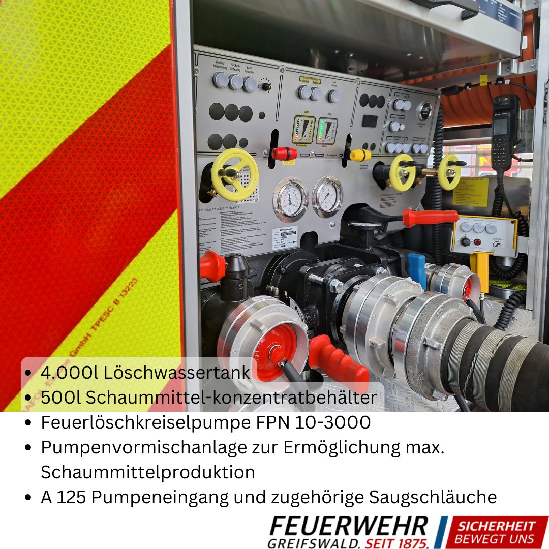 +++ INFORMATION +++
Das TLF 4000 dient zur Brandbekämpfung in industriellen und gewerblichen Objekten, zur Brandbekämpfung in den Ödland- und Moor-Bereichen sowie zur Unterstützung mit Löschwasser in den Außenbereichen. 
#Notruftag
#Greifswald112