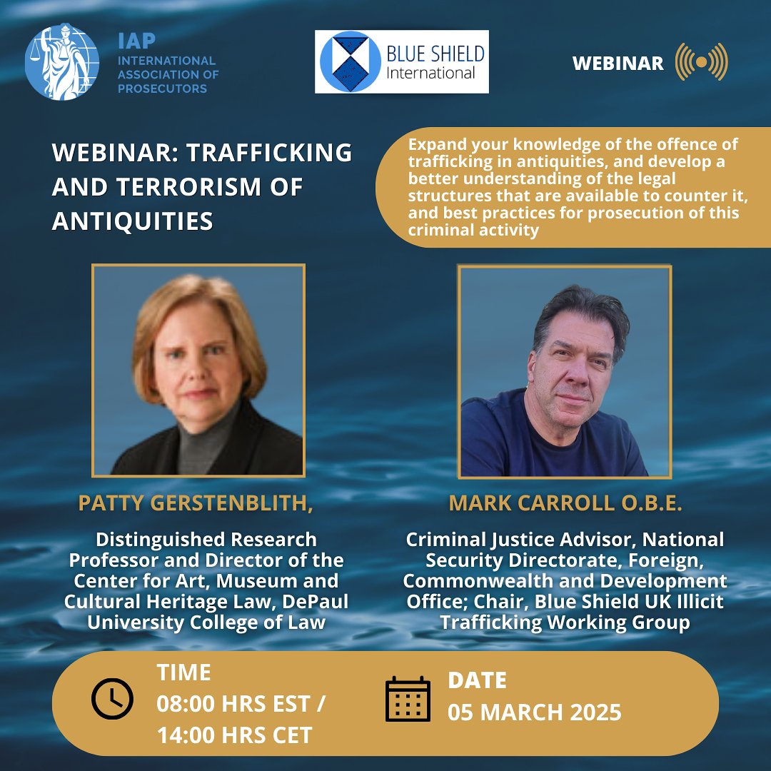 Blue Shield International (@blueshield_int) on Twitter photo Webinar: Trafficking and Terrorism of Antiquities
08:00 hrs EST / 14:00 hrs CET, Wednesday 05 March 2025 with <a href="/PGerstenblith/">Patty Gerstenblith</a> and Mark Carroll
Register here
zoom.us/webinar/regist… Webinar: Trafficking and Terrorism of Antiquities
08:00 hrs EST / 14:00 hrs CET, Wednesday 05 March 2025 with <a href="/PGerstenblith/">Patty Gerstenblith</a> and Mark Carroll
Register here
zoom.us/webinar/regist…