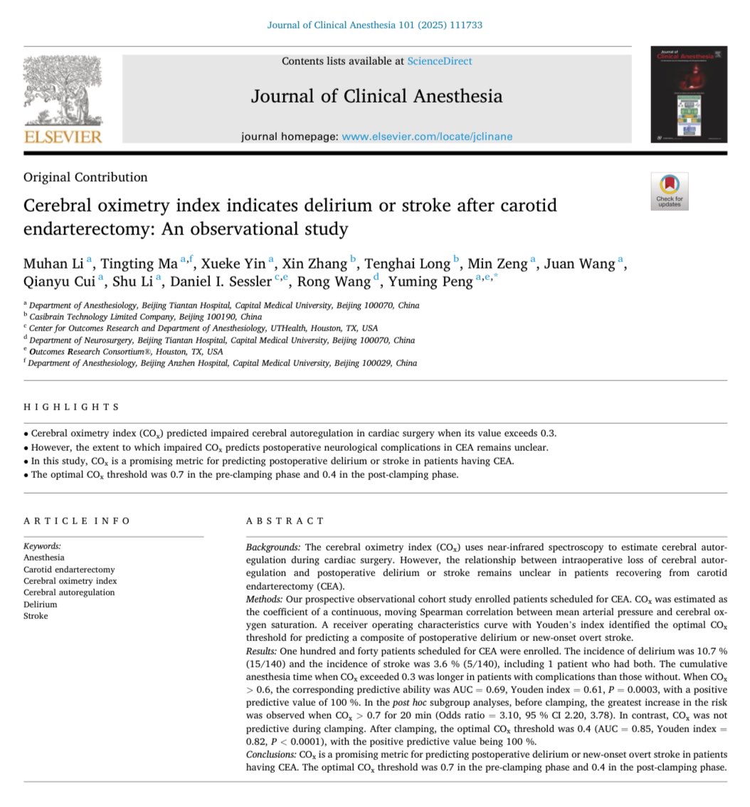 Cerebral oximetry index may be a promising metric for predicting postoperative delirium or new-onset overt stroke in patients having carotid endarterectomy.

Optimal thresholds:
➡️ 0.7 in the pre-clamping phase
➡️ 0.4 in the post-clamping phase

🔗 doi.org/10.1016/j.jcli…