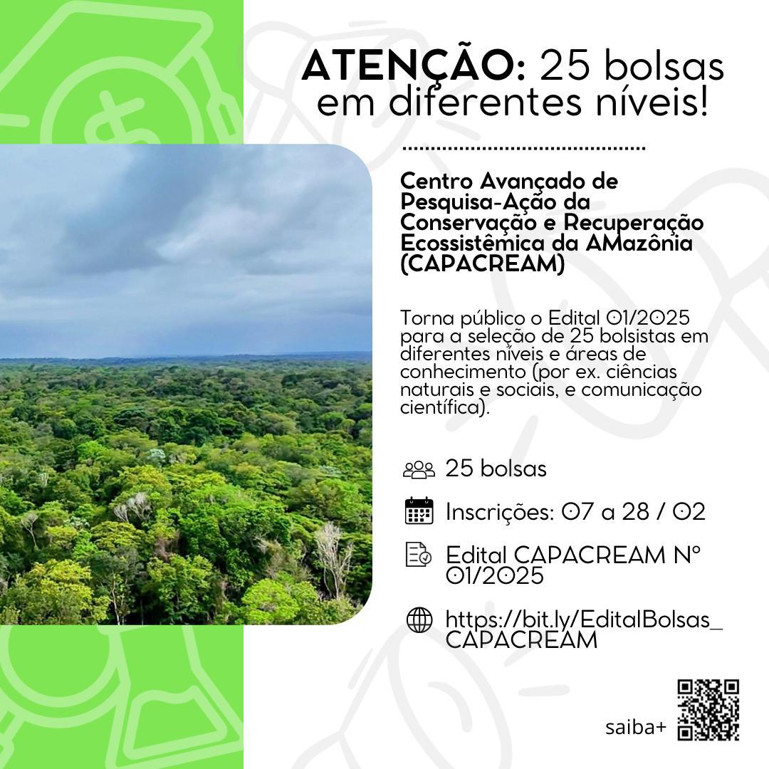 🚨Edital c/ 25 vagas, pf RT🚨
O CAPACREAM abriu 25 vagas de bolsa em diferentes disciplinas.

A iniciativa multidisciplinar é co-cordenada pela <a href="/unifapoficial/">UNIFAP</a>, <a href="/UFPA_Oficial/">UFPA</a> e <a href="/BristolUni/">University of Bristol</a> e conta com 111 cientistas de 37 instituições.

Prazo: 28/Fev.
bit.ly/EditalBolsas_C…